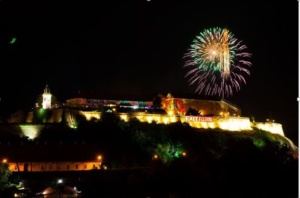 dark sky line with buildings and fireworks