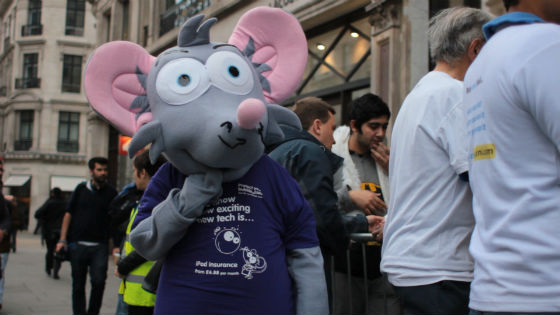 Squeak, the mouse from Protect Your Bubble, waits with friends for the iPhone 5