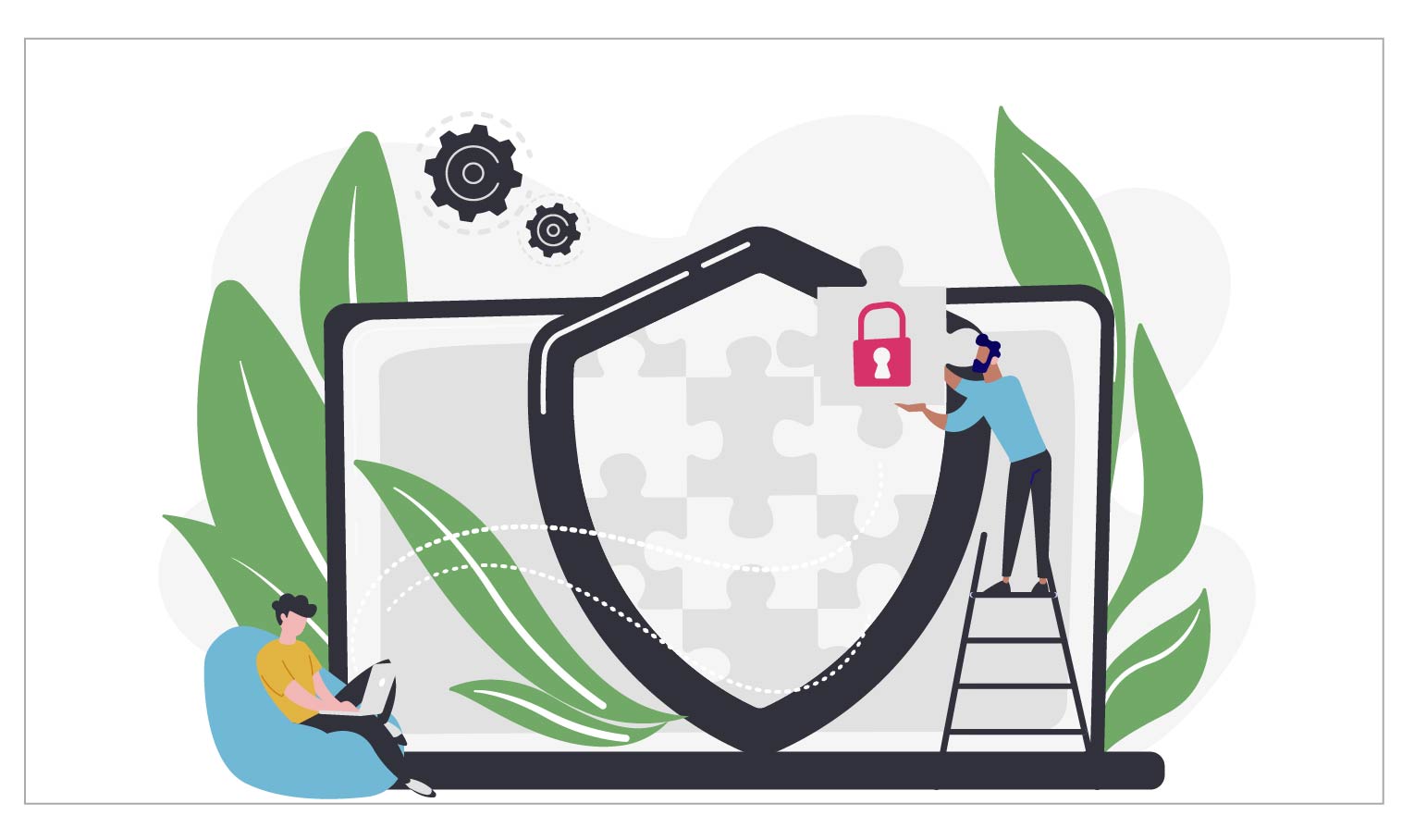 Laptop with a shield and a small person holding a padlock